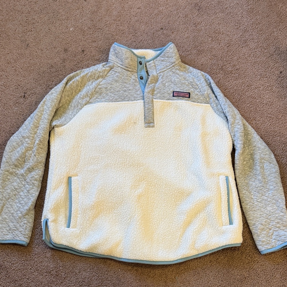 Vineyard Vines Womens Quilted Fleece Pullover - White and Gray